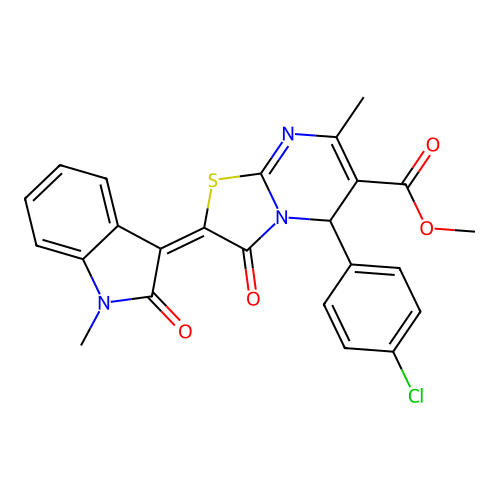 (E)-methyl 5-(4-chlorophenyl)-7-methyl-2-(1-methyl-2-oxoindolin-3-ylidene)-3-oxo-3,5-dihydro-2H-thiazolo[3,2-a]pyrimidine-6-carboxylate structure