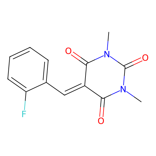 5-(2-fluorobenzylidene)-1,3-dimethylpyrimidine-2,4,6(1H,3H,5H)-trione structure