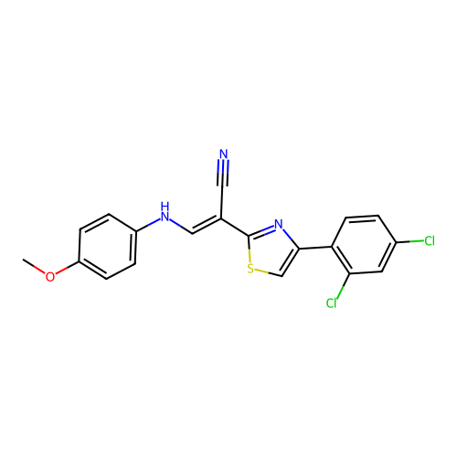 (E)-2-(4-(2,4-dichlorophenyl)thiazol-2-yl)-3-((4-methoxyphenyl)amino)acrylonitrile structure