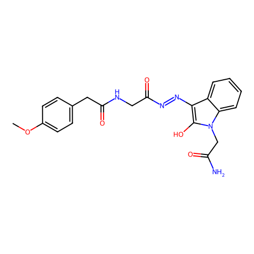 (Z)-N-(2-(2-(1-(2-amino-2-oxoethyl)-2-oxoindolin-3-ylidene)hydrazinyl)-2-oxoethyl)-2-(4-methoxyphenyl)acetamide structure
