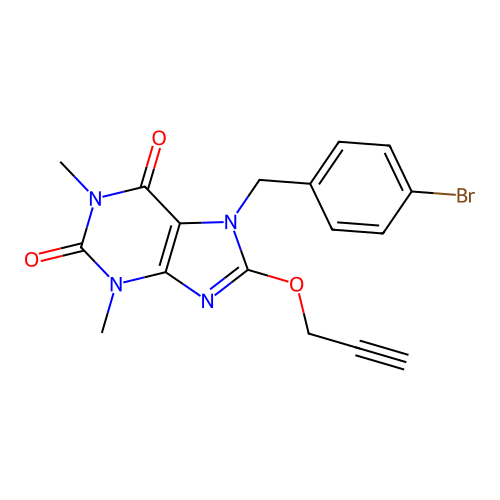 7-[(4-bromophenyl)methyl]-1,3-dimethyl-8-prop-2-ynoxypurine-2,6-dione structure
