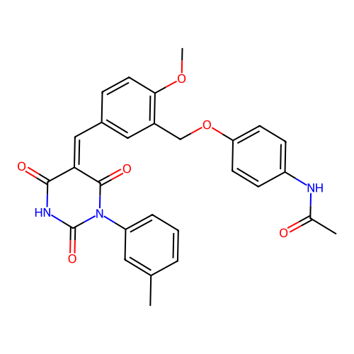 (Z)-N-(4-((2-methoxy-5-((2,4,6-trioxo-1-(m-tolyl)tetrahydropyrimidin-5(2H)-ylidene)methyl)benzyl)oxy)phenyl)acetamide structure