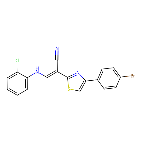 (2E)-2-[4-(4-bromophenyl)-1,3-thiazol-2-yl]-3-[(2-chlorophenyl)amino]prop-2-enenitrile structure