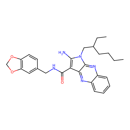 2-amino-N-(1,3-benzodioxol-5-ylmethyl)-1-(2-ethylhexyl)-1H-pyrrolo[2,3-b]quinoxaline-3-carboxamide structure