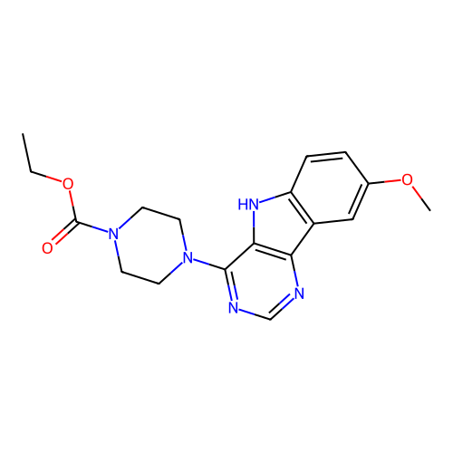 ethyl 4-(8-methoxy-5H-pyrimido[5,4-b]indol-4-yl)piperazine-1-carboxylate structure
