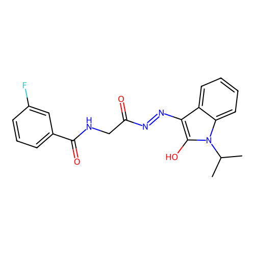 (Z)-3-fluoro-N-(2-(2-(1-isopropyl-2-oxoindolin-3-ylidene)hydrazinyl)-2-oxoethyl)benzamide structure
