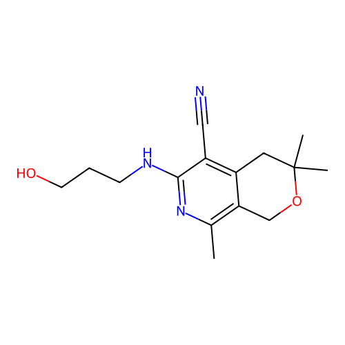 6-(3-hydroxypropylamino)-3,3,8-trimethyl-1,4-dihydropyrano[3,4-c]pyridine-5-carbonitrile structure
