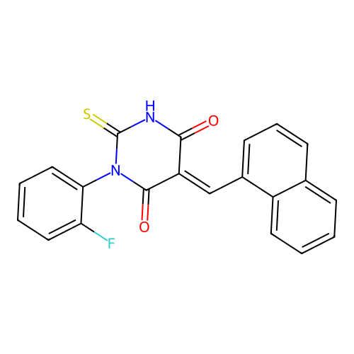 (5E)-1-(2-fluorophenyl)-5-(naphthalen-1-ylmethylidene)-2-sulfanylidene-1,3-diazinane-4,6-dione structure