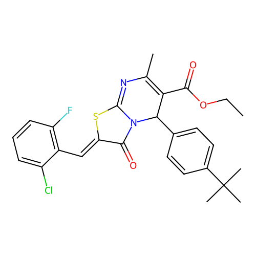 (Z)-ethyl 5-(4-(tert-butyl)phenyl)-2-(2-chloro-6-fluorobenzylidene)-7-methyl-3-oxo-3,5-dihydro-2H-thiazolo[3,2-a]pyrimidine-6-carboxylate structure