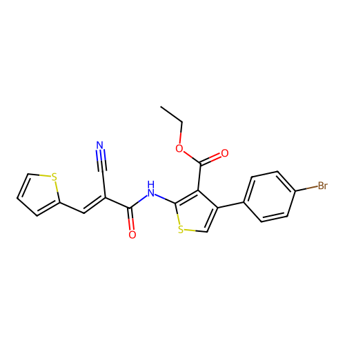 (E)-ethyl 4-(4-bromophenyl)-2-(2-cyano-3-(thiophen-2-yl)acrylamido)thiophene-3-carboxylate structure