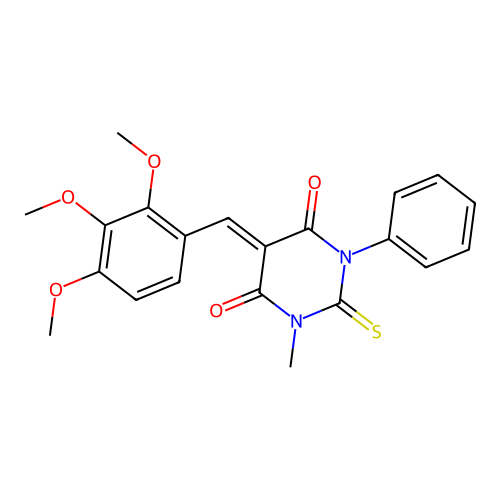 (5E)-1-methyl-3-phenyl-2-sulfanylidene-5-[(2,3,4-trimethoxyphenyl)methylidene]-1,3-diazinane-4,6-dione structure