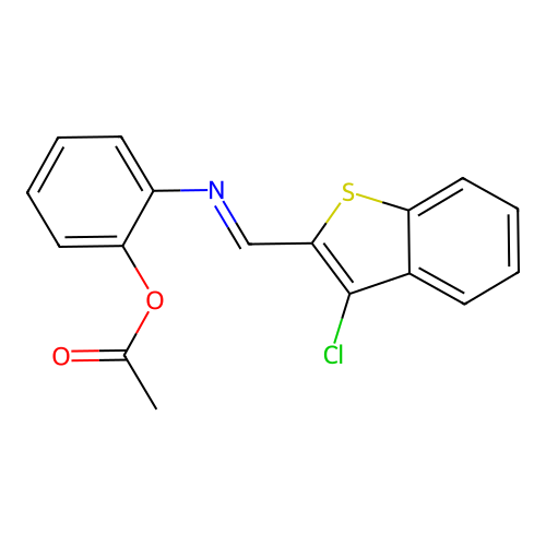2-{[(E)-(3-chloro-1-benzothiophen-2-yl)methylidene]amino}phenyl acetate structure