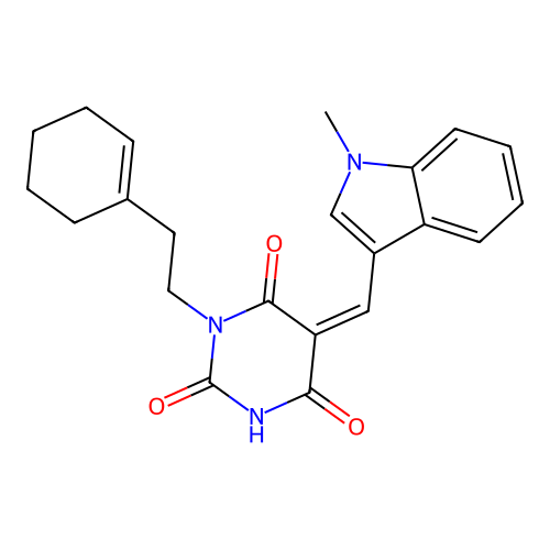 (Z)-1-(2-(cyclohex-1-en-1-yl)ethyl)-5-((1-methyl-1H-indol-3-yl)methylene)pyrimidine-2,4,6(1H,3H,5H)-trione structure