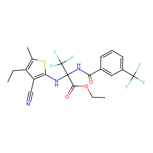 ethyl 2-((3-cyano-4-ethyl-5-methylthiophen-2-yl)amino)-3,3,3-trifluoro-2-(3-(trifluoromethyl)benzamido)propanoate structure