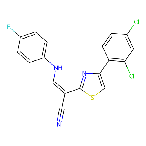 (Z)-2-(4-(2,4-dichlorophenyl)thiazol-2-yl)-3-((4-fluorophenyl)amino)acrylonitrile structure