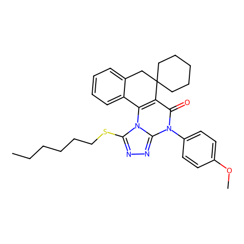 1-(hexylsulfanyl)-4-(4-methoxyphenyl)-4H-spiro[benzo[h][1,2,4]triazolo[4,3-a]quinazoline-6,1'-cyclohexan]-5(7H)-one structure