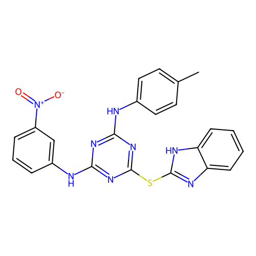 6-((1H-benzo[d]imidazol-2-yl)thio)-N2-(3-nitrophenyl)-N4-(p-tolyl)-1,3,5-triazine-2,4-diamine structure