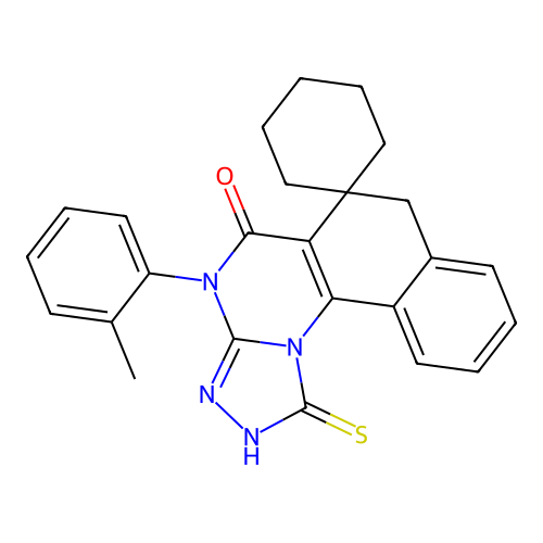 1-mercapto-4-(o-tolyl)-4H-spiro[benzo[h][1,2,4]triazolo[4,3-a]quinazoline-6,1'-cyclohexan]-5(7H)-one structure