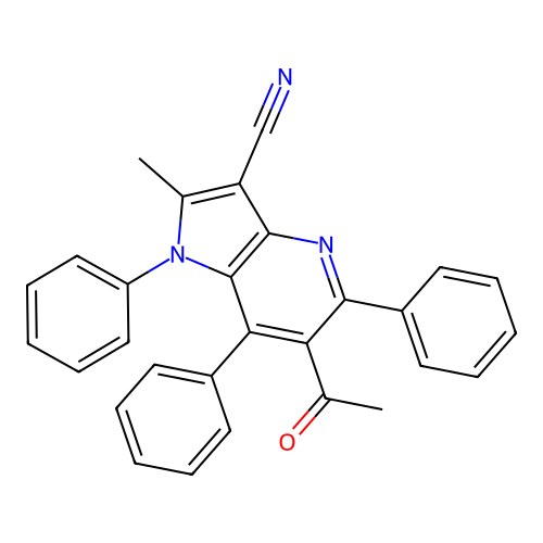 6-acetyl-2-methyl-1,5,7-triphenyl-1H-pyrrolo[3,2-b]pyridine-3-carbonitrile structure