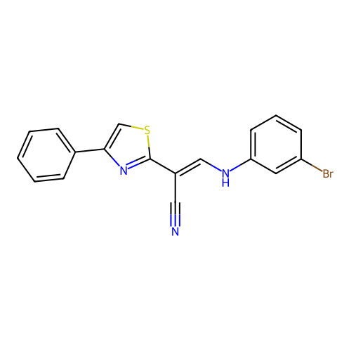 (2E)-3-[(3-bromophenyl)amino]-2-(4-phenyl-1,3-thiazol-2-yl)prop-2-enenitrile structure