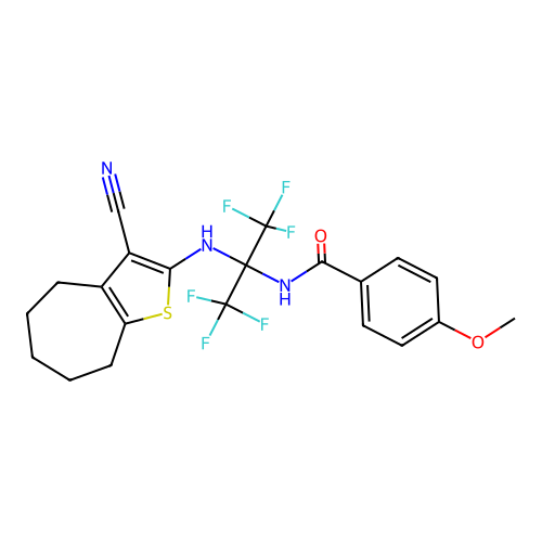 N-(2-((3-cyano-5,6,7,8-tetrahydro-4H-cyclohepta[b]thiophen-2-yl)amino)-1,1,1,3,3,3-hexafluoropropan-2-yl)-4-methoxybenzamide structure