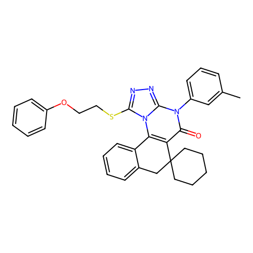 1-((2-phenoxyethyl)thio)-4-(m-tolyl)-4H-spiro[benzo[h][1,2,4]triazolo[4,3-a]quinazoline-6,1'-cyclohexan]-5(7H)-one structure