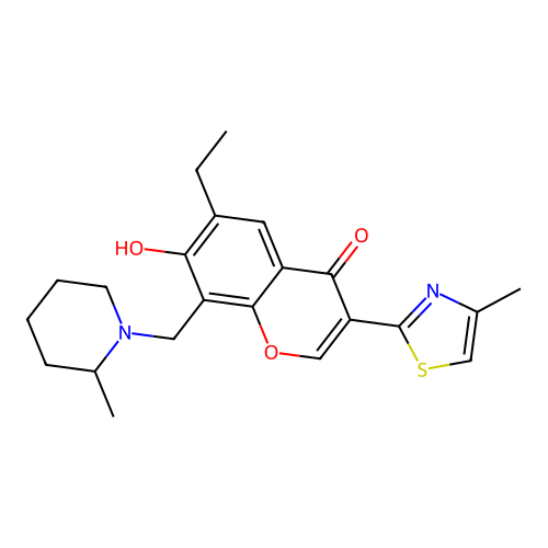 6-ethyl-7-hydroxy-8-((2-methylpiperidin-1-yl)methyl)-3-(4-methylthiazol-2-yl)-4H-chromen-4-one structure