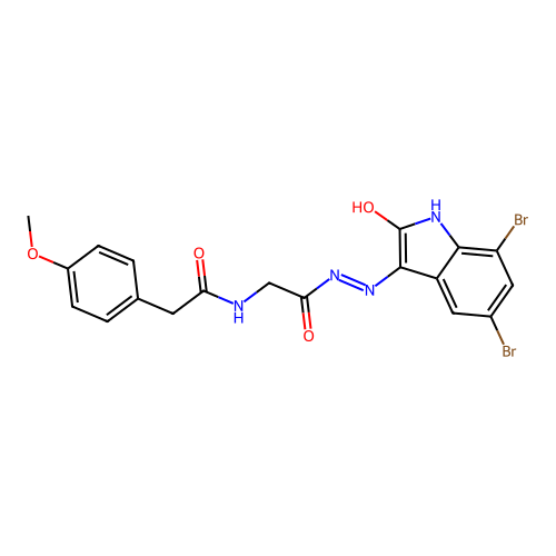 N-[[(5,7-dibromo-2-oxo-indol-3-yl)amino]carbamoylmethyl]-2-(4-methoxyphenyl)acetamide structure