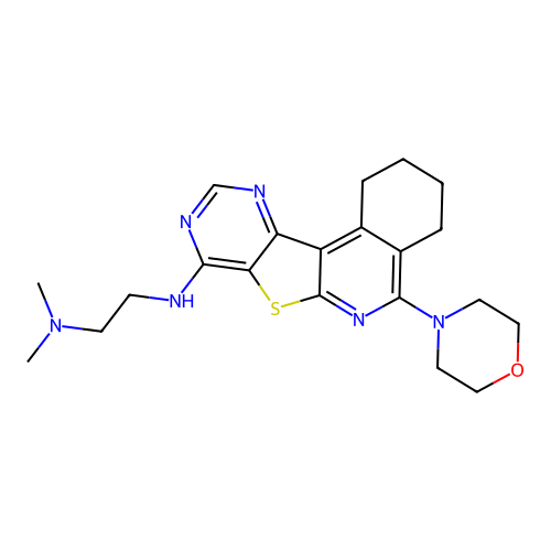 N,N-dimethyl-N'-[5-(morpholin-4-yl)-1,2,3,4-tetrahydropyrimido[4',5':4,5]thieno[2,3-c]isoquinolin-8-yl]ethane-1,2-diamine structure