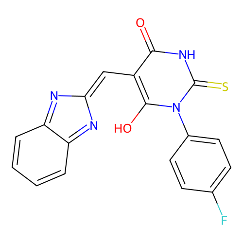 (5Z)-5-(1H-benzimidazol-2-ylmethylidene)-1-(4-fluorophenyl)-2-sulfanylidene-1,3-diazinane-4,6-dione structure