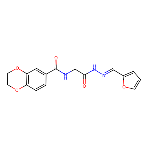 N-[2-[(2E)-2-(furan-2-ylmethylidene)hydrazinyl]-2-oxoethyl]-2,3-dihydro-1,4-benzodioxine-6-carboxamide structure