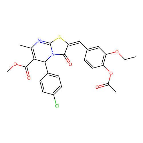 (E)-methyl 2-(4-acetoxy-3-ethoxybenzylidene)-5-(4-chlorophenyl)-7-methyl-3-oxo-3,5-dihydro-2H-thiazolo[3,2-a]pyrimidine-6-carboxylate structure