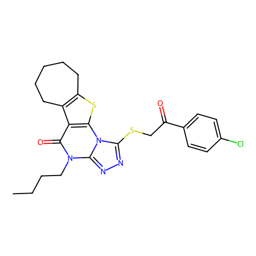 4-butyl-1-((2-(4-chlorophenyl)-2-oxoethyl)thio)-7,8,9,10-tetrahydro-4H-cyclohepta[4,5]thieno[3,2-e][1,2,4]triazolo[4,3-a]pyrimidin-5(6H)-one structure