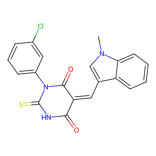 (Z)-1-(3-chlorophenyl)-5-((1-methyl-1H-indol-3-yl)methylene)-2-thioxodihydropyrimidine-4,6(1H,5H)-dione structure