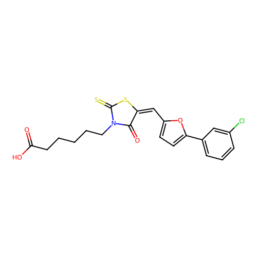 6-[(5E)-5-{[5-(3-chlorophenyl)furan-2-yl]methylidene}-4-oxo-2-thioxo-1,3-thiazolidin-3-yl]hexanoic acid structure