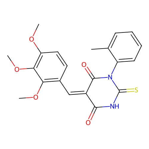 (5Z)-1-(2-methylphenyl)-2-sulfanylidene-5-[(2,3,4-trimethoxyphenyl)methylidene]-1,3-diazinane-4,6-dione structure