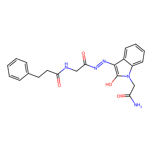 (Z)-N-(2-(2-(1-(2-amino-2-oxoethyl)-2-oxoindolin-3-ylidene)hydrazinyl)-2-oxoethyl)-3-phenylpropanamide structure