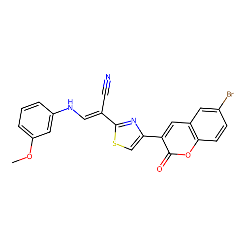 (2E)-2-[4-(6-bromo-2-oxo-2H-chromen-3-yl)-1,3-thiazol-2-yl]-3-[(3-methoxyphenyl)amino]prop-2-enenitrile structure