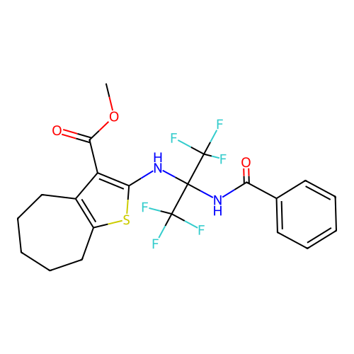 methyl 2-((2-benzamido-1,1,1,3,3,3-hexafluoropropan-2-yl)amino)-5,6,7,8-tetrahydro-4H-cyclohepta[b]thiophene-3-carboxylate structure