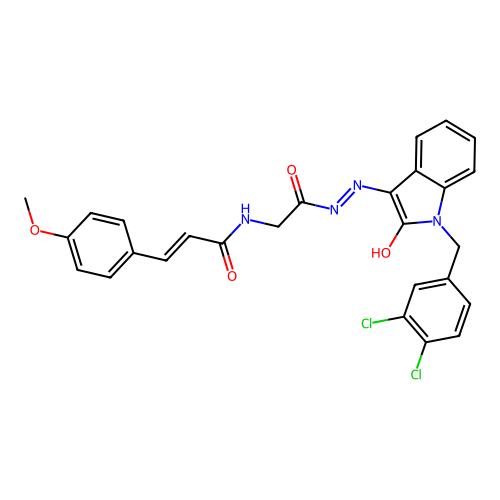 (2E)-N-(2-{(2Z)-2-[1-(3,4-dichlorobenzyl)-2-oxo-1,2-dihydro-3H-indol-3-ylidene]hydrazinyl}-2-oxoethyl)-3-(4-methoxyphenyl)prop-2-enamide (non-preferred name) structure