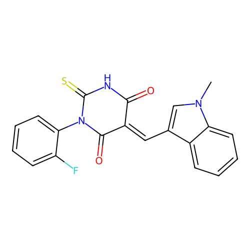 1-(2-fluorophenyl)-5-((1-methyl-1H-indol-3-yl)methylene)-2-thioxodihydropyrimidine-4,6(1H,5H)-dione structure