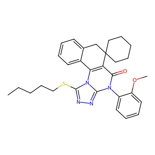 4-(2-methoxyphenyl)-1-(pentylsulfanyl)-4H-spiro[benzo[h][1,2,4]triazolo[4,3-a]quinazoline-6,1'-cyclohexan]-5(7H)-one structure