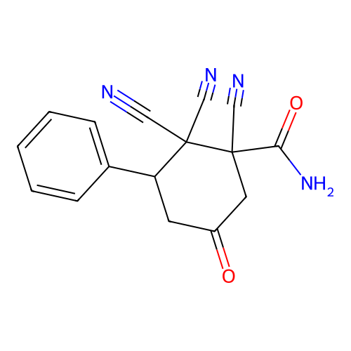 1,2,2-Tricyano-5-oxo-3-phenylcyclohexanecarboxamide structure