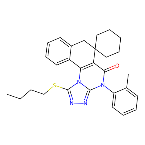 1-(butylsulfanyl)-4-(2-methylphenyl)-4H-spiro[benzo[h][1,2,4]triazolo[4,3-a]quinazoline-6,1'-cyclohexan]-5(7H)-one structure