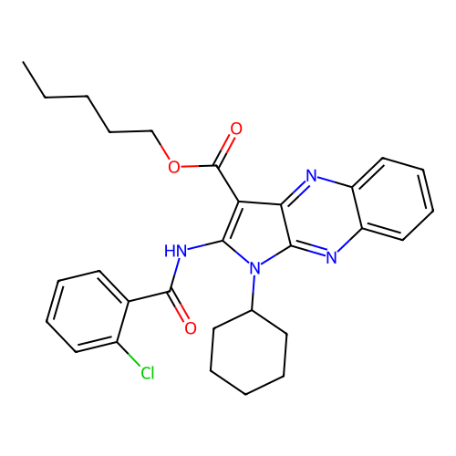 pentyl 2-(2-chlorobenzamido)-1-cyclohexyl-1H-pyrrolo[2,3-b]quinoxaline-3-carboxylate structure