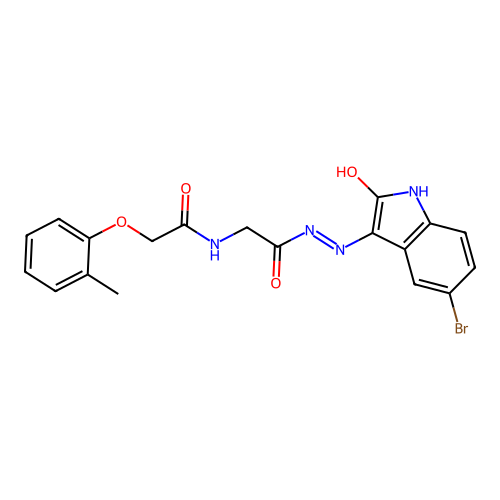 N-[[(5-bromo-2-oxo-indol-3-yl)amino]carbamoylmethyl]-2-(2-methylphenoxy)acetamide structure