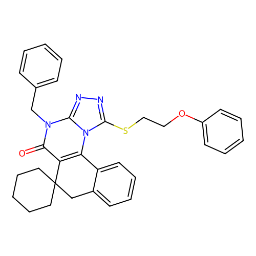 4-benzyl-1-((2-phenoxyethyl)thio)-4H-spiro[benzo[h][1,2,4]triazolo[4,3-a]quinazoline-6,1'-cyclohexan]-5(7H)-one structure
