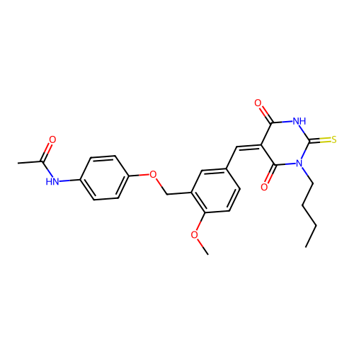 (Z)-N-(4-((5-((1-butyl-4,6-dioxo-2-thioxotetrahydropyrimidin-5(2H)-ylidene)methyl)-2-methoxybenzyl)oxy)phenyl)acetamide structure