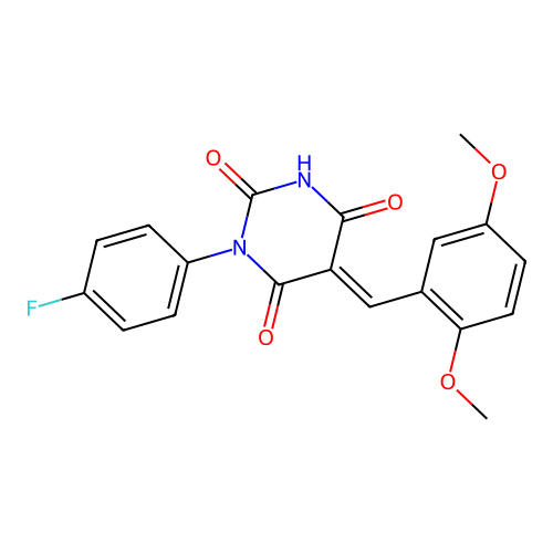 (5E)-5-(2,5-dimethoxybenzylidene)-1-(4-fluorophenyl)pyrimidine-2,4,6(1H,3H,5H)-trione structure