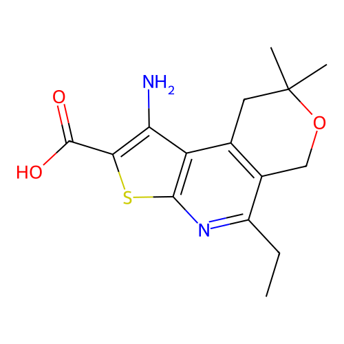 1-amino-5-ethyl-8,8-dimethyl-8,9-dihydro-6H-pyrano[4,3-d]thieno[2,3-b]pyridine-2-carboxylic acid structure